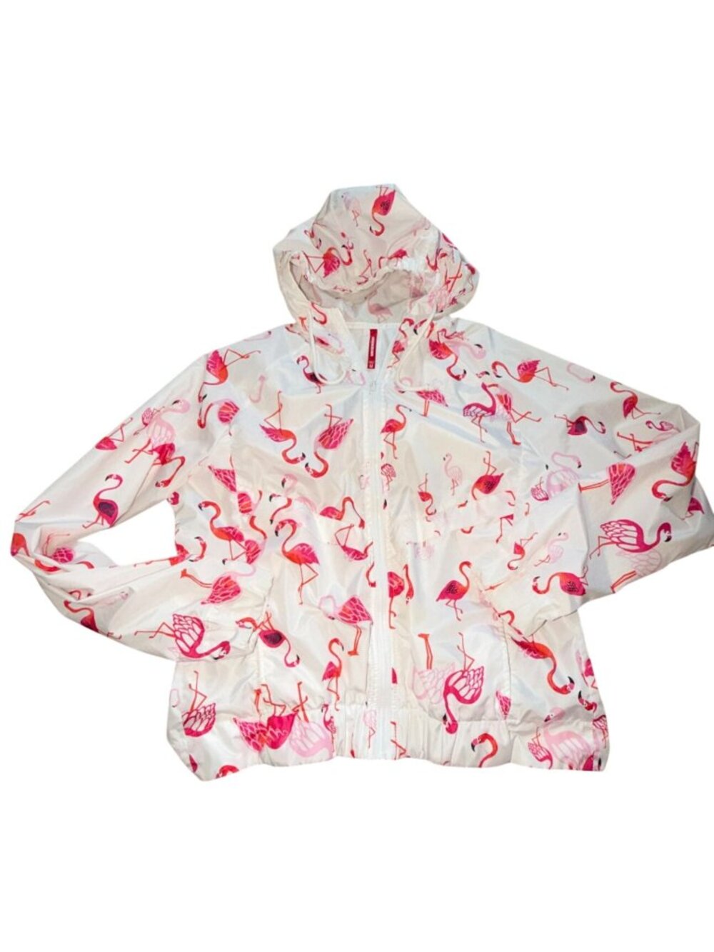 Union Bay Hooded Rain Jacket-Full Zip-Flamingo Pattern-White-M-GUC
